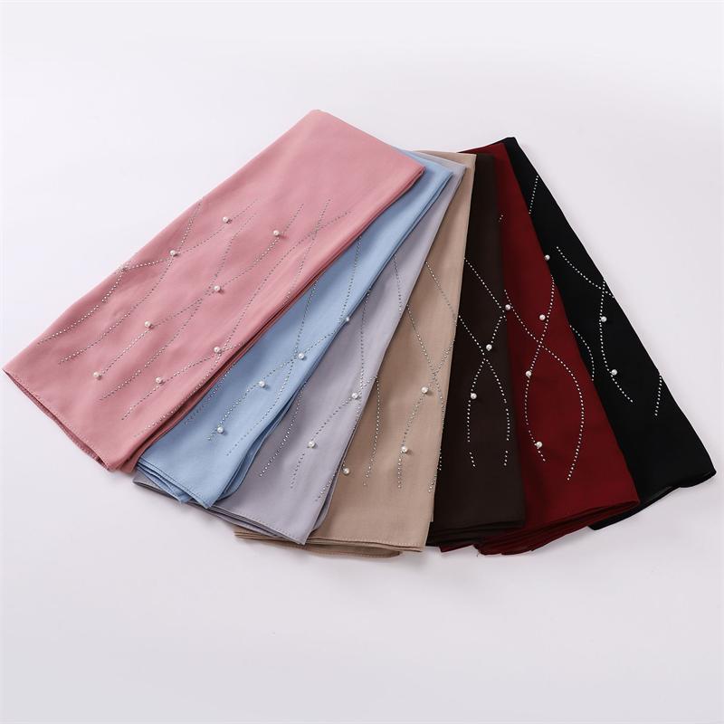 Plain Pearl Bubble Rhinestone Chiffon Shawl Scarf High Quality Shimmer Beads Headband Wrap Foulard Muslim Hijab