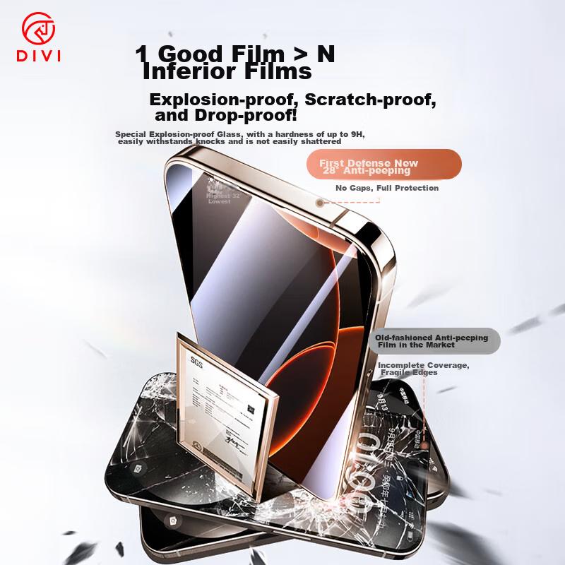 DIVI Pack of 2 Screen Protector for Apple IPhone 16 Pro Max, Anti-Dust Anti-Peeping Anti-Drop Tempered Glass Film, Full Coverage Dust-Free Installatio