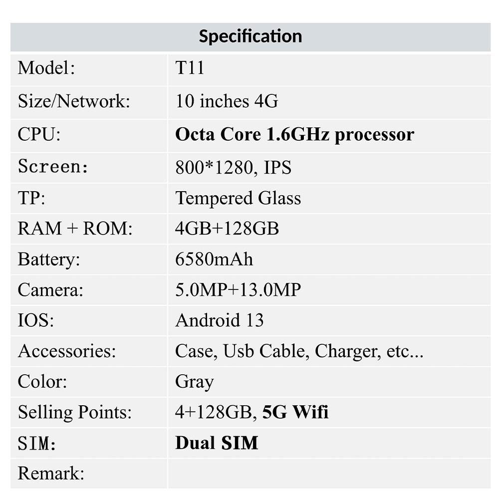 G-tab T11 Android 14 Tablet, 10.1 inch 1280*800 IPS Screen, Unisoc T606 8 Core Max 1.6GHz, 8GB RAM (4GB +4GB Expansion) 128GB ROM