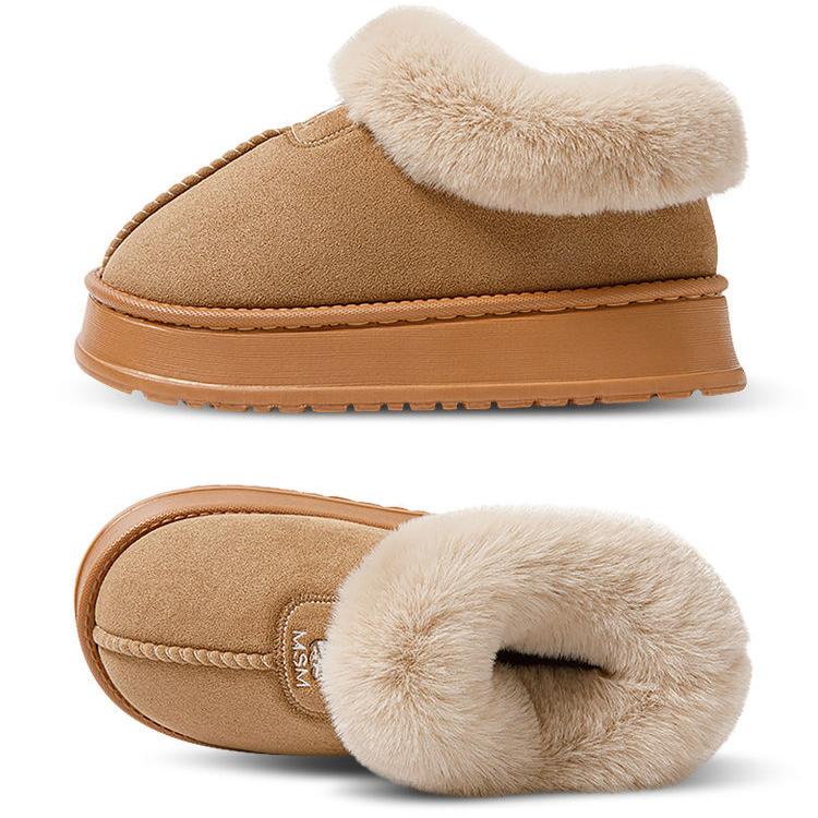 Женские зимние тапочки из хлопка с каблуком-мешком, высокие зимние сапоги из плюша с интегрированным мехом и теплая домашняя хлопковая обувь