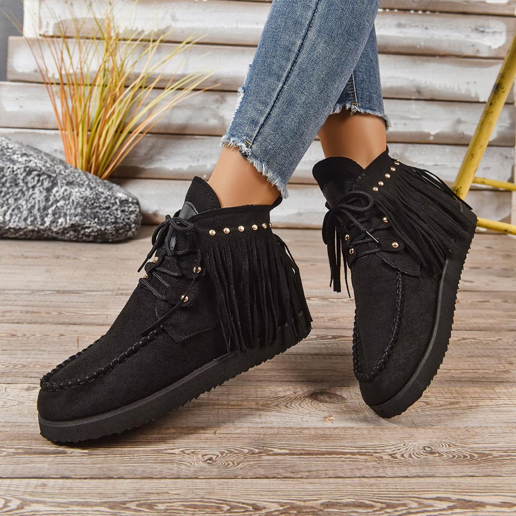 Vintage Women Ankle Boots Retro Outdoor Casual Shoes Fringe Winter Comfortable Luxury Women Shoes Round Toe Snow Boots Ladies