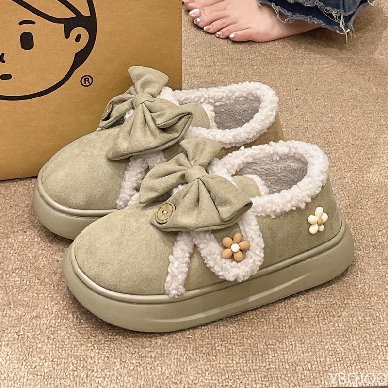 Модная зимняя верхняя одежда Новая сумка с бантом Каблук Женская обувь с бархатной теплотой Простота Комфорт Противоскользящие Повседневные ленивые тапочки