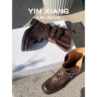 Ботинки Мартина из коровьей кожи на толстой подошве и толстом каблуке, ретро кожаные, женские 2025 новые, средней высоты, облегающие, с пряжкой-ремнем, ботинки в стиле локомотив