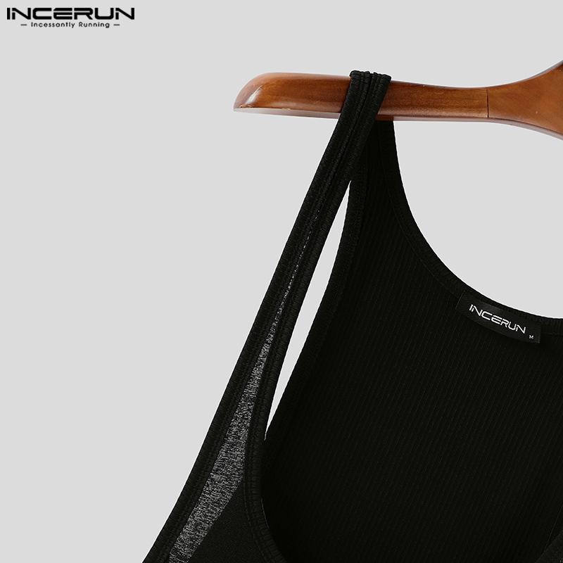 INCERUN Мужские комбинезоны-ромперы с низким вырезом, без рукавов, полупрозрачные, в рубчик, боди, нижнее белье