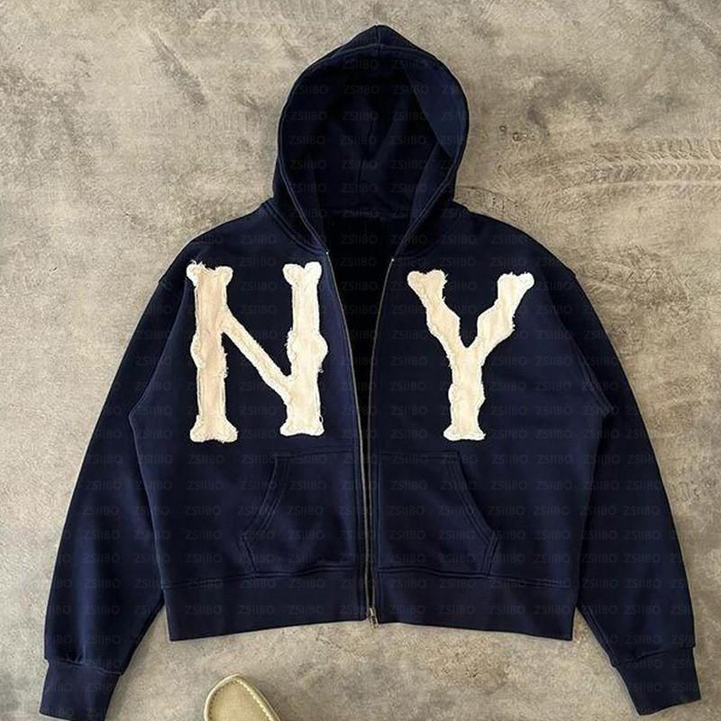 American Style Loose Streetwear Zip Up Hoodie Graphic Print Casual Sweatshirt Teens