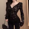 Women Clothing Sexy Hollow Lace Bandage Deep V Neck Basic T Shirt Korean Female Sweet Black Long Sleeve Skinny Club Cropped Tops