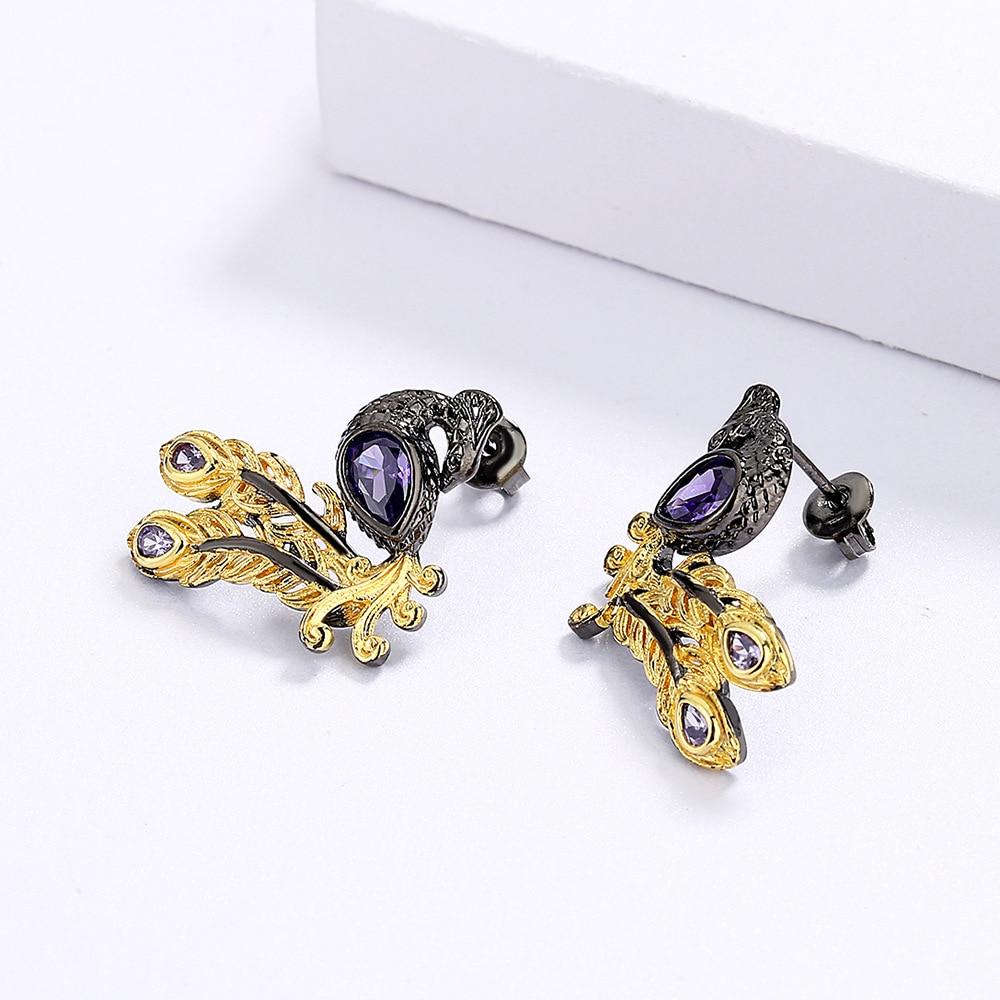 Женские серьги премиум-класса, блестящие фиолетовые серьги с цирконом, серьги в форме павлиньего пера, модные полые серьги черного золота