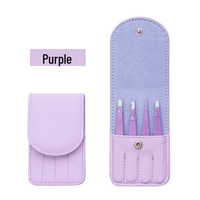 4-Piece Stainless Steel Eyebrow Tool Set with Logo: Tweezers (Oblique & Straight) and Scissors.