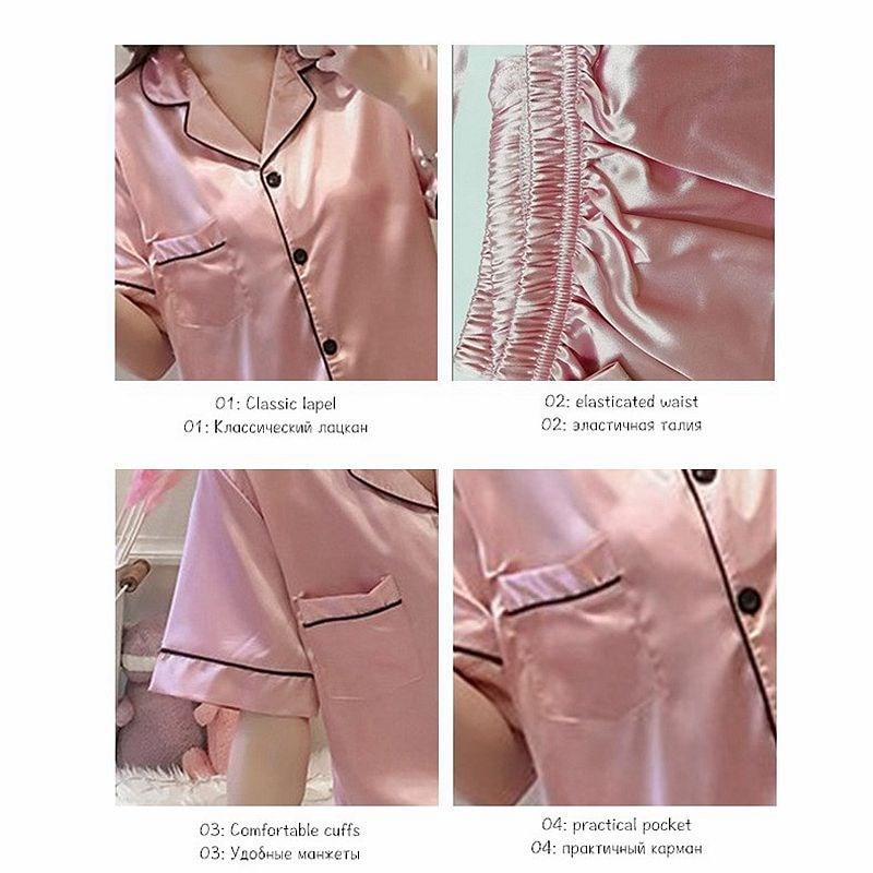Женский шелковый атласный пижамный комплект, повседневная одежда для сна с короткими рукавами и пуговицами, топ, шорты, костюм для дома