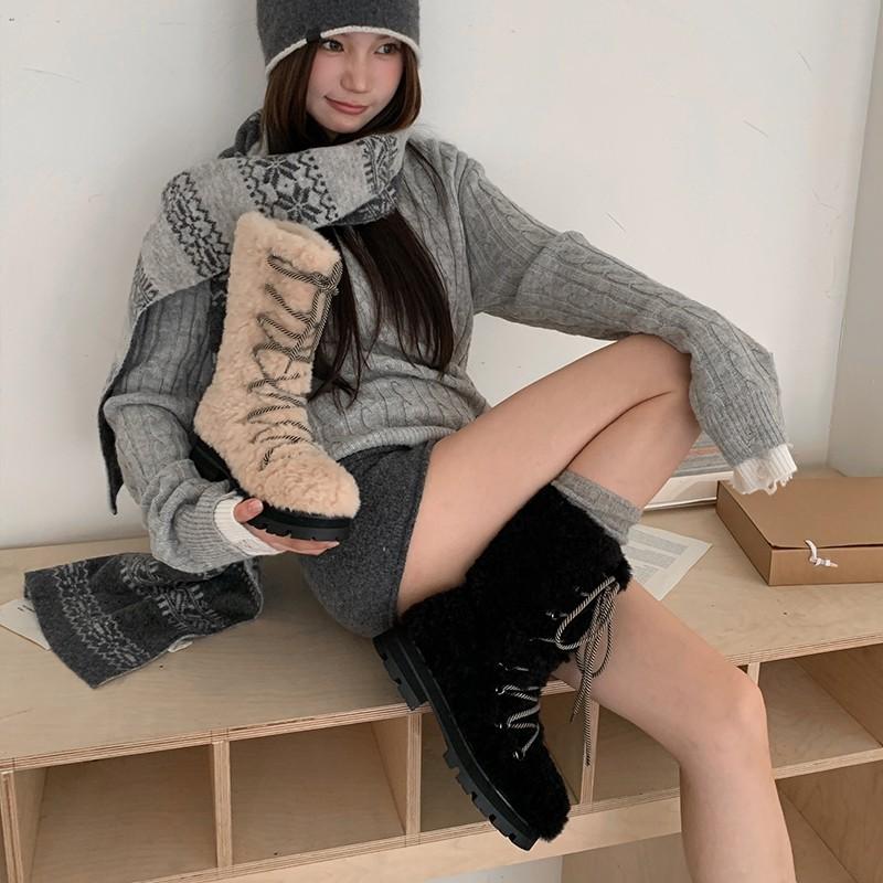 Women's Soft Elastic Lace-up Thick Bottom Winter Fur Mouth Season Fur One Warm Cold Padded Snow Boots Non-slip Wear Casual Sports Plush Cotton Boots