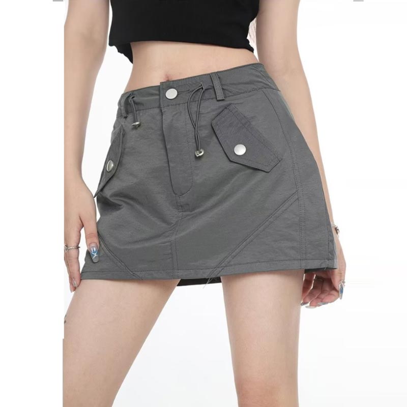 Women's Drawstring Skirts Summer Hot Girl Cargo Short Skirt Vintage Y2k Streetwear Korean Fashion Clothing Grey Black