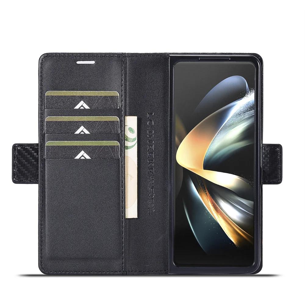 Carbon Fiber PU Leather Flip Wallet with Card Holder Phone Case For Samsung Galaxy Z Fold 7 6 5 4 3 Fold7 Fold6 Fold5 Fold4 5G