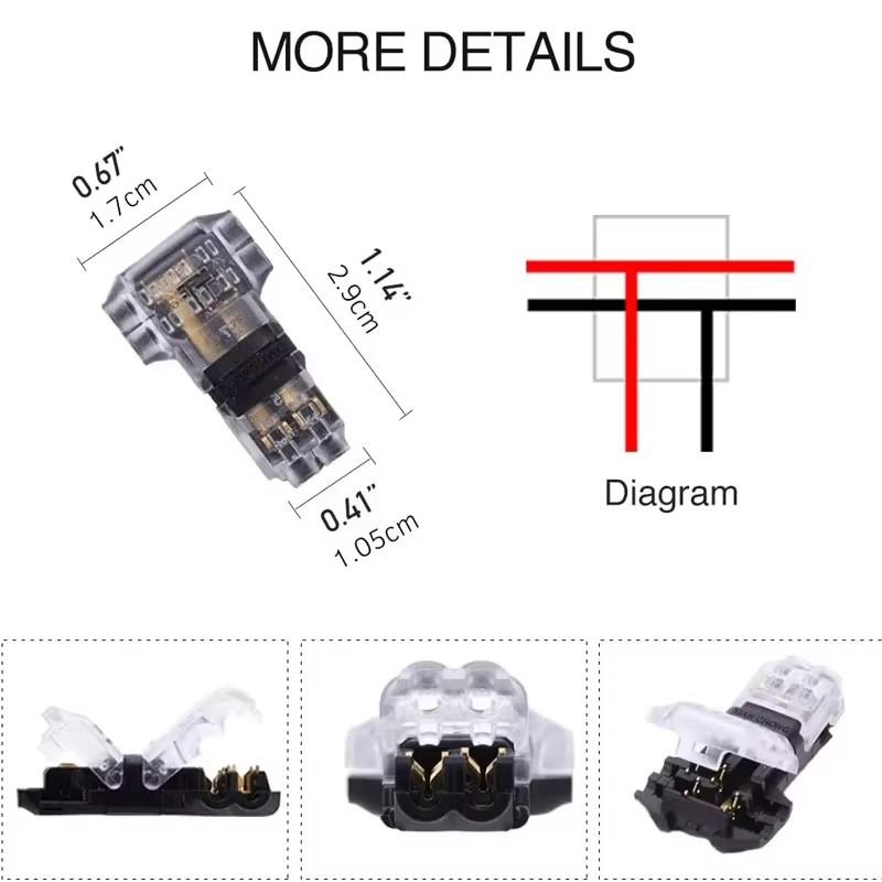 T-образные 2-контактные 2-направленные разъемы для проводов LED, с защелкой, вставляемые, универсальные, компактные, T1 T2