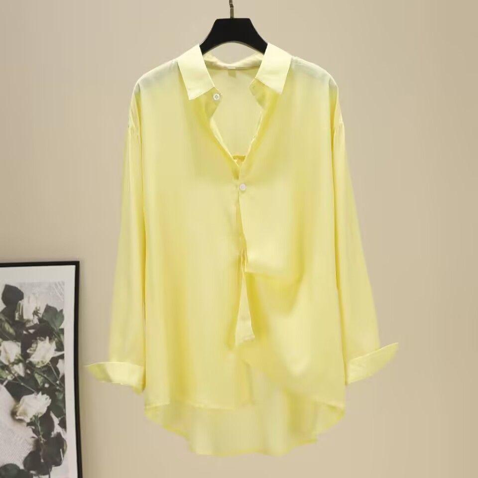 Рубашка в корейском стиле, свободная, повседневная, с длинным рукавом, однотонная, средней длины, летящая блузка