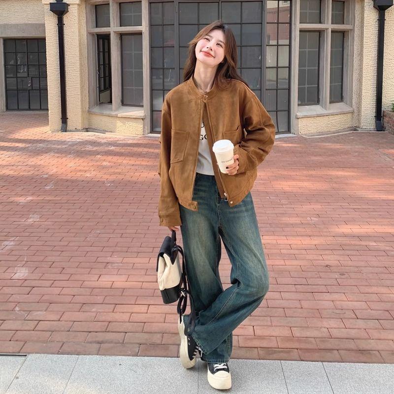 Женская замшевая куртка цвета Майяр Браун в корейском стиле, свободная, повседневная, универсальная, с воротником-стойкой, топ для весны и осени