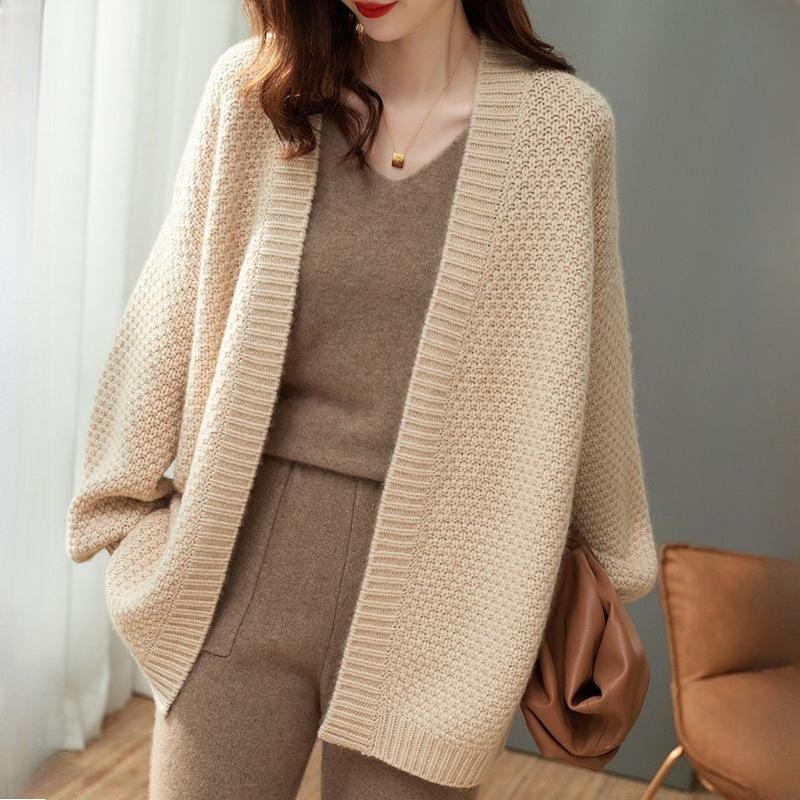 Осень Зима Женский Французский Ретро Стиль Вязаный Кардиган Свитер из Толстой Нити Свободное Пальто Средней Длины Повседневный Универсальный