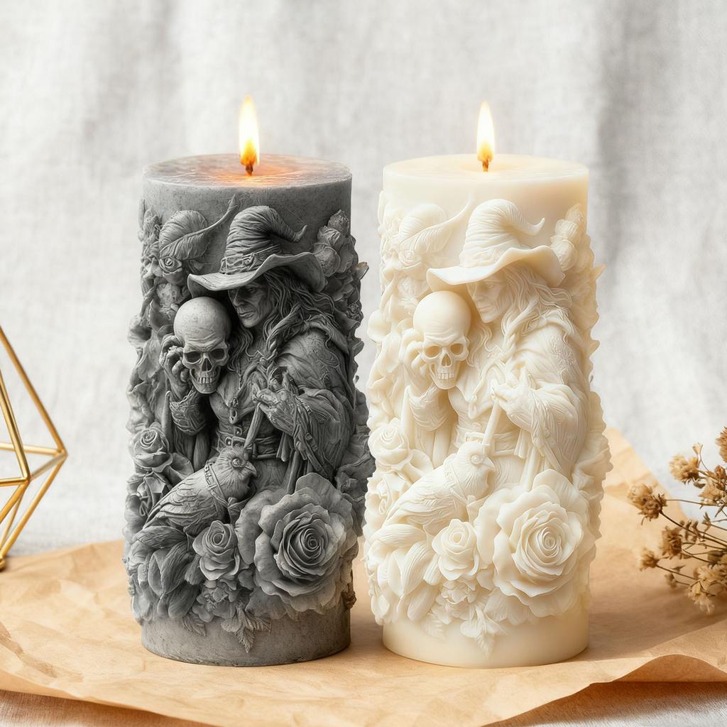Форма для свечей с рельефом "Роза и Череп Волшебника" - Ароматическая свеча в темной тематике - Декор для дома, Демонстрирующий готическую эстетику