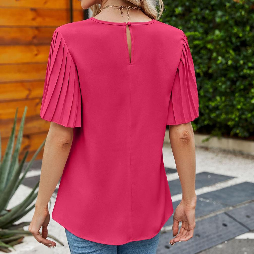 Женский свободный повседневный топ с круглым вырезом и однотонным складным рукавом-трубой