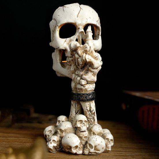 Подсвечник в виде черепа на Хэллоуин, готический, без слов, черно-белый, из смолы, со скелетом
