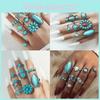Vintage Ethnic Style Alloy Leaf Ring Set With Turquoise Inlay Fashionable And Unique 8-piece Ring Set