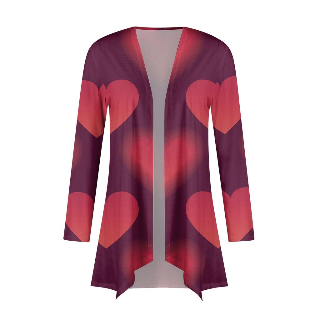 Женский повседневный кардиган с длинными рукавами и принтом ко Дню святого Валентина без карманов, верхнее пальто