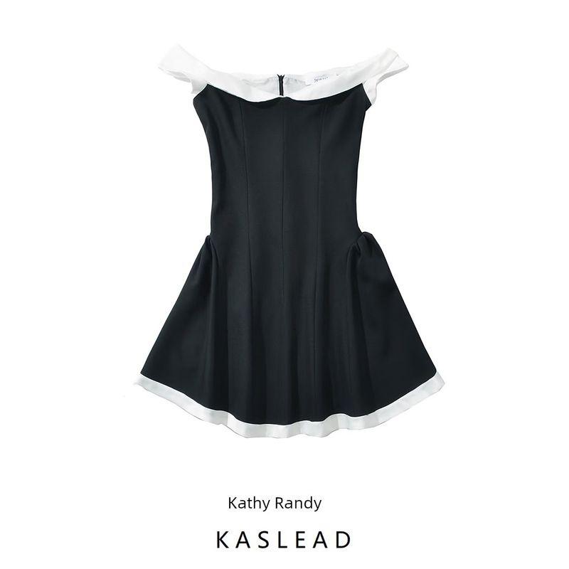Kaslead New Arrival Women's Clothing Fashion Style Fashion Minimalist off-Neck Short Stitching Dress