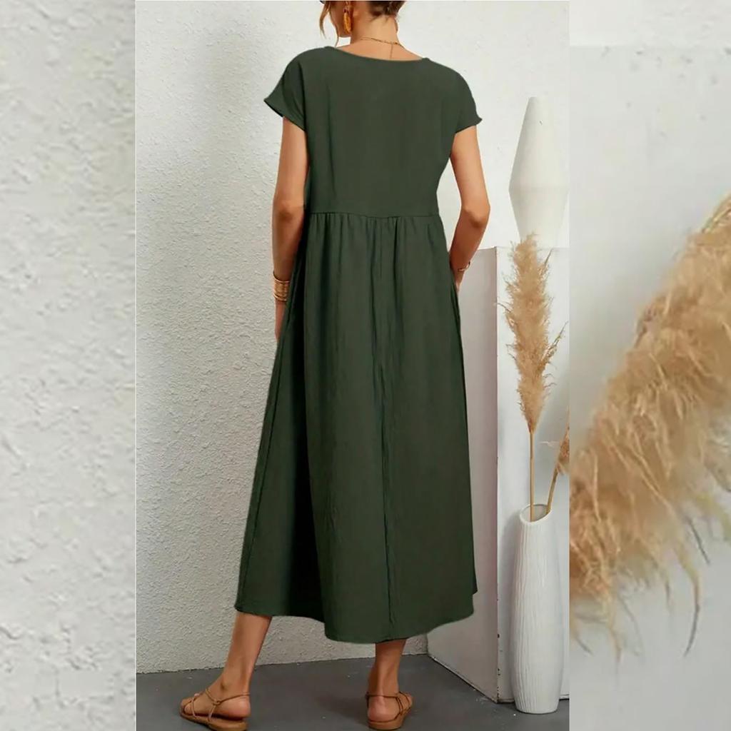 Однотонное свободное платье из хлопка и льна без рукавов с карманами