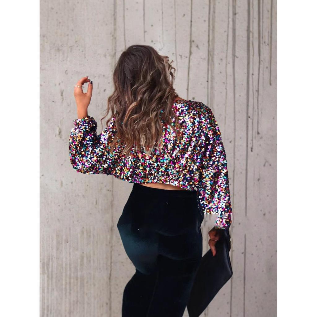 Women Bomber Gradient Color Sequins Baseball Jacket Beaded Embroidered Sequined Zipper Pilot Coat Stage Show Dance Outwear