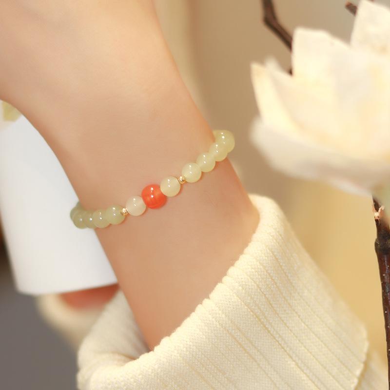 Hetian jade bracelet with round beads in white and light green, simple and elegant, a gift for women
