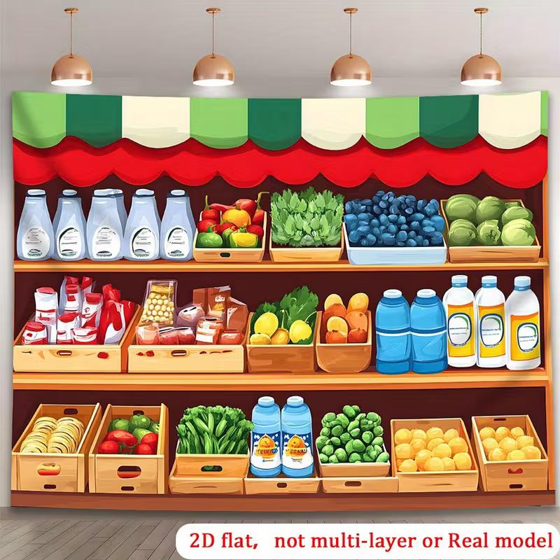 Двумерный гобелен для детской комнаты, полки продуктового магазина с овощами и напитками, декор