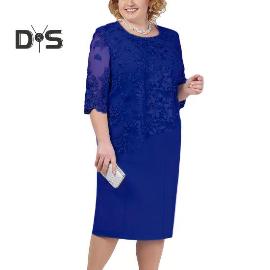 Women Plus Size Prom Dress O Neck Half Sleeve Embroidery Lace Floral Patchwork Dress Fake Two Pieces Wedding Party Dress