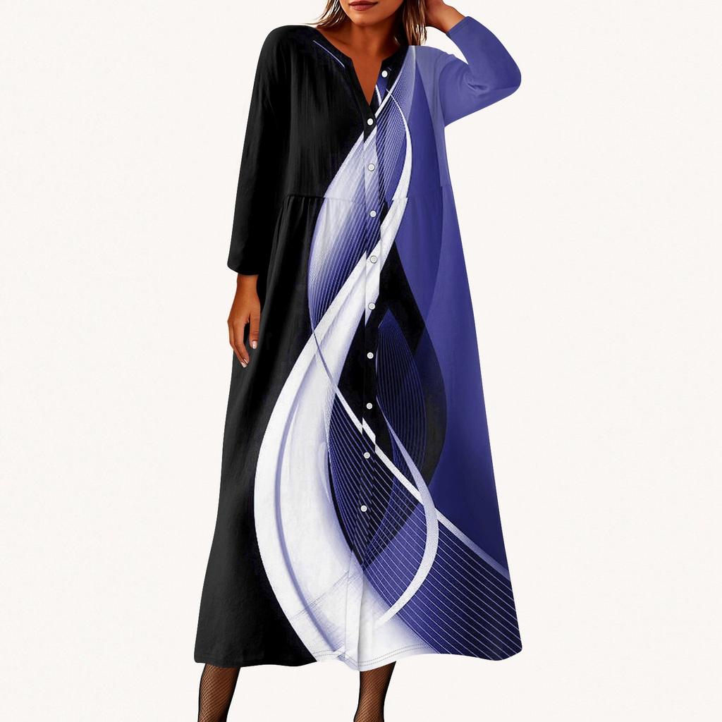 Женское модное платье-рубашка свободного кроя с принтом, круглым вырезом и рукавами семь четвертей на пуговицах