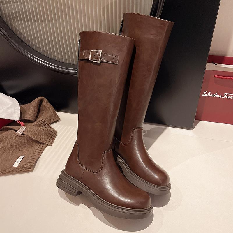 Зимние женские высокие сапоги на среднем каблуке, модные массивные туфли 2025 года, новые дизайнерские туфли-лодочки для вечеринок, высокие мотоциклетные туфли до колена, Botas De Mujer