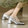 Vintage Double Buckle T-strap Mary Jane Pumps Women Medium Block Heels Square Toe Shoes Silver 32-46