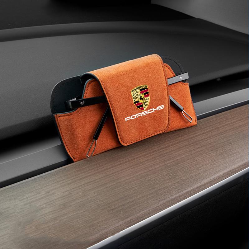 AIHQR1 Car Sun Visor Suede Leather Glasses Case Sunglasses Clips For Porsche Cayenne Panamera Macan Boxster Cayman 718 911 Sticker