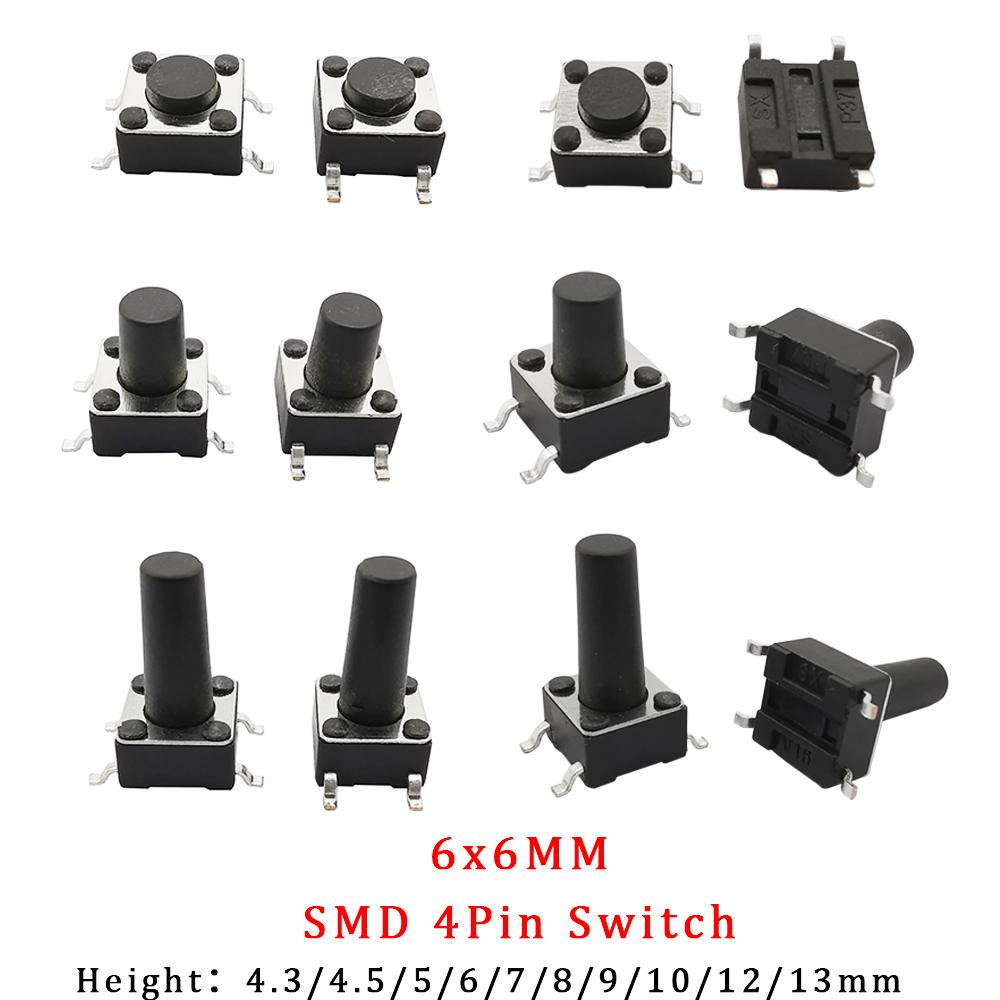 50Pcs 4 Types 6X6mm Series Tactile Switches 6*6*4.3/5/6/7/8/9/10/11/12/13mm 2/4Pin DIP SMT Micro Tactile Push Button Key Switch Switches4