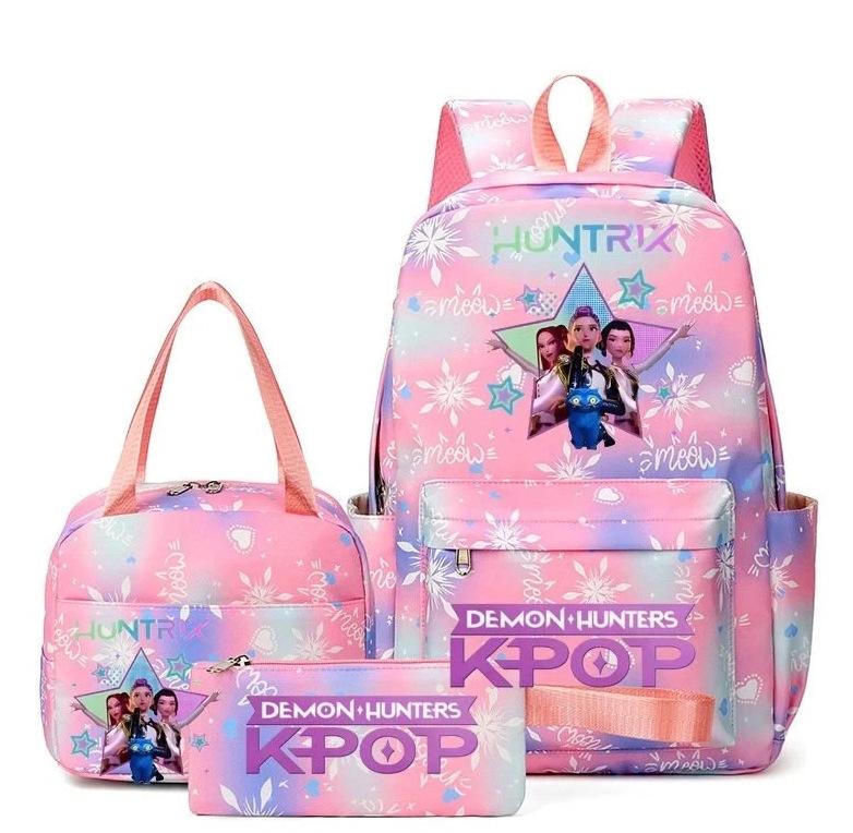 KPOP Нейлоновый набор из 3 предметов Школьный рюкзак для студентов с мультяшным принтом Дизайн с воздушной подушкой