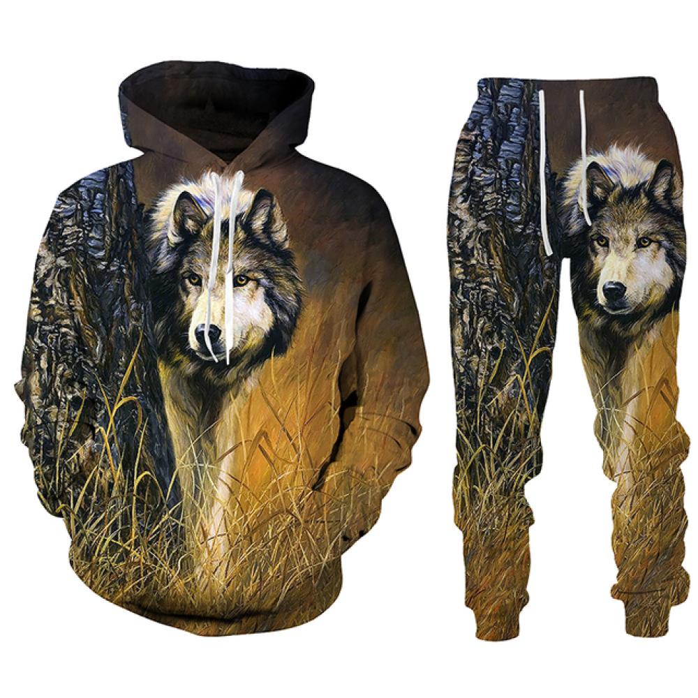 Модная уличная одежда, мужские комплекты, спортивные костюмы, новые мужские толстовки с принтом волка и спортивные штаны, костюм из двух предметов, повседневная мужская одежда с капюшоном