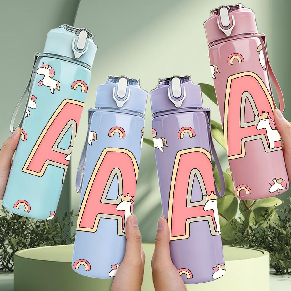 1PC Pastel Heart Letter A Pattern 750ml Color Plastic Sports Water Bottle Leakproof Flip Straw Lid Suitable for Sports Office Home Use