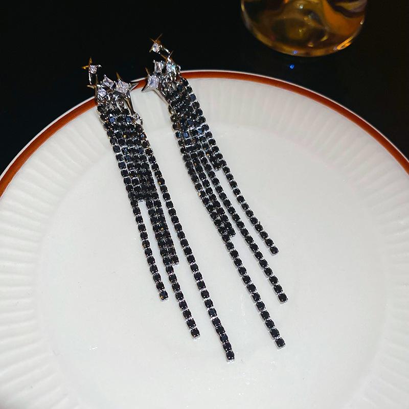 Silver Needle Feather Fringed Earrings Long Light Luxury Atmospheric Stud Earrings Personalized Design Earrings