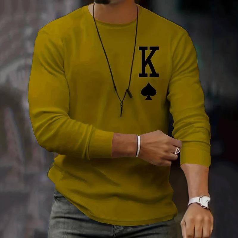 2025 Новое поступление Модные мужские футболки с длинным рукавом с принтом покера Свободные топы с круглым вырезом Оверсайз Повседневная футболка для мужчин