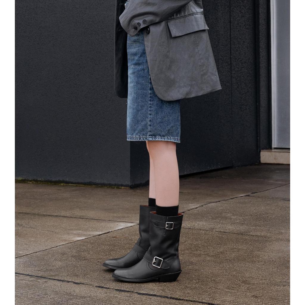 Krazing Pot Осенне-зимняя обувь из коровьей замши и нубука, модные ботинки с круглым носком, сохраняющие тепло, на среднем каблуке, с пряжкой на ремне, с отделкой до середины голени