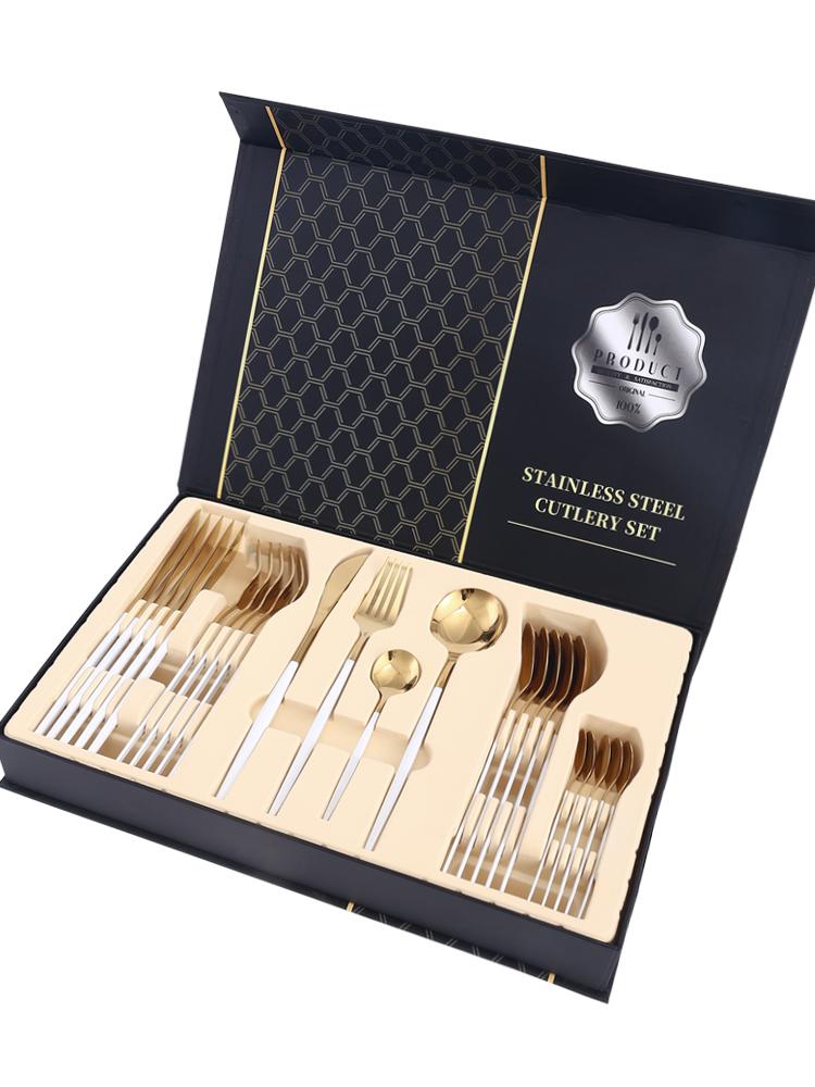 24 шт. нож вилка ложка золотой набор столовых приборов пищевой безопасности столовые приборы из нержавеющей стали роскошная посуда подарочная коробка посудомоечная машина