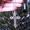 Vintage Large Hollow Cross Pendant Necklace For Women Goth Accessories Man Long Chain Necklace