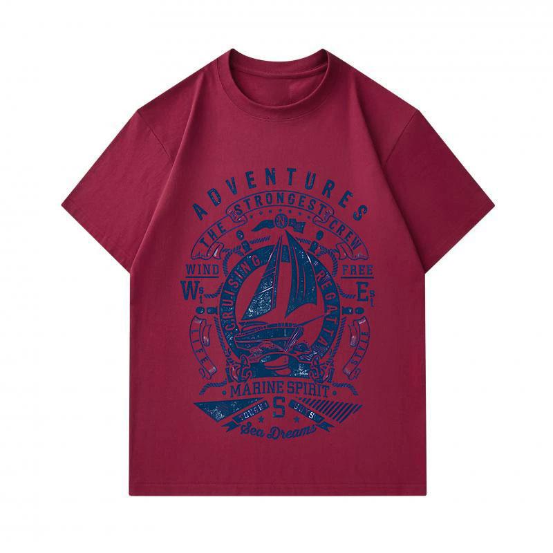 Men's 100% Cotton Crew Neck Short Sleeve T-Shirt, Vintage Sailing Adventure Marine Spirit Print Casual Comfy Tee for Daily Outdoor Nautical Style Wear