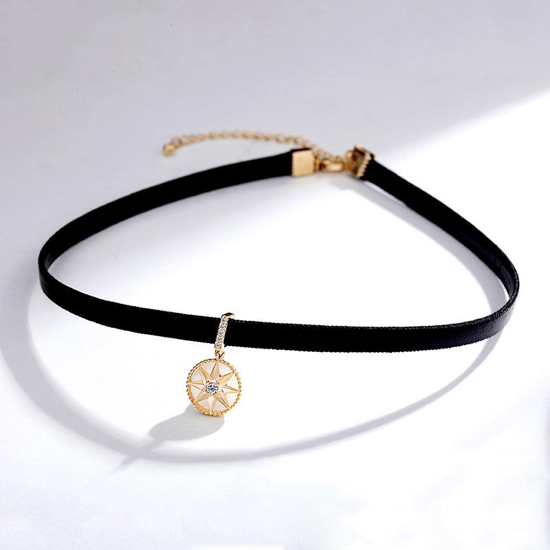 Korean Choker Compass Necklace for Women - Black Leather Collar Choker Necklace