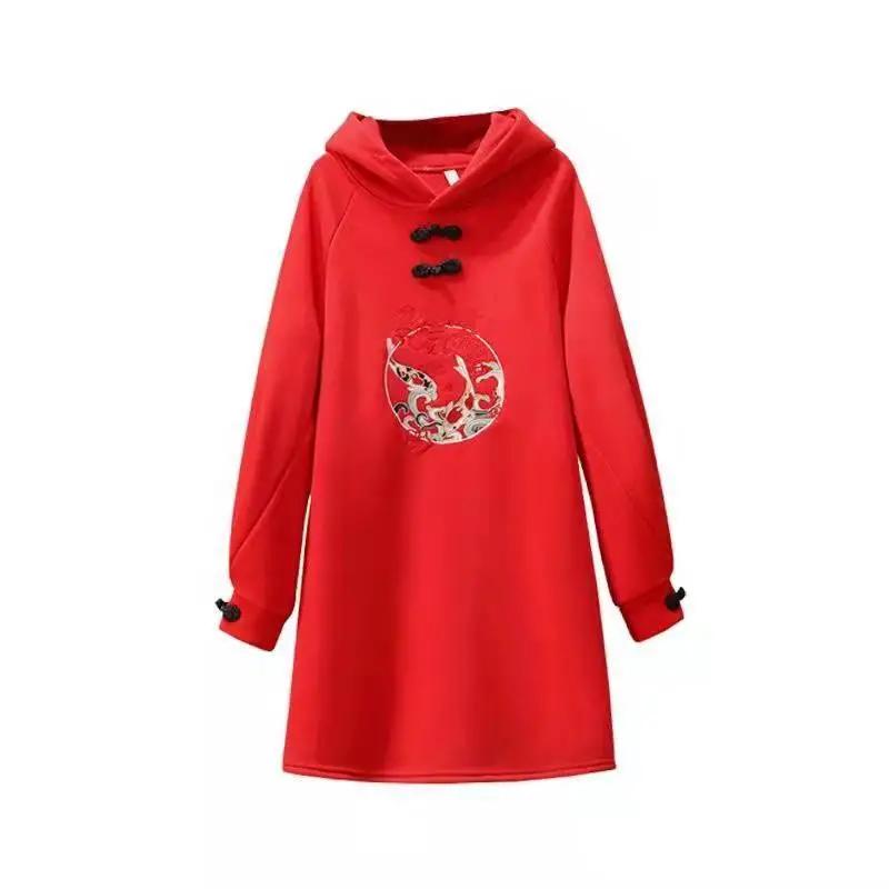 Женское осенне-зимнее модное платье-свитер в китайском стиле из бархата и толстого хлопка, можно носить до 150 кг