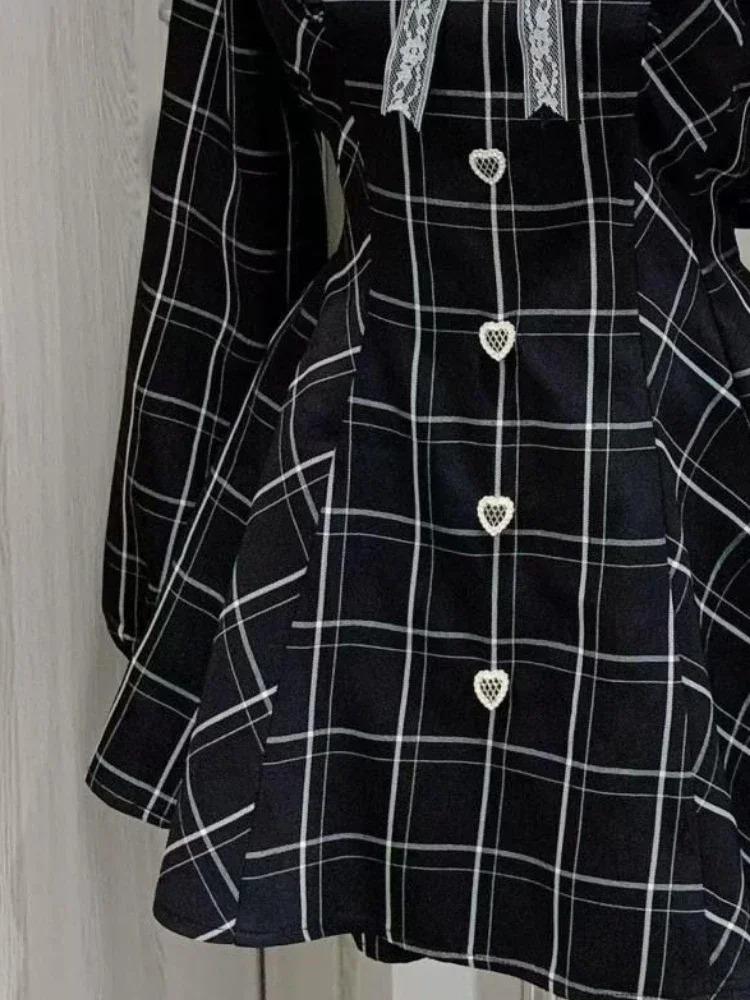 Платья в клетку Harajuku Sweet Bow Black, универсальное облегающее платье в стиле кавайной Лолиты для женщин, осеннее платье с длинными рукавами