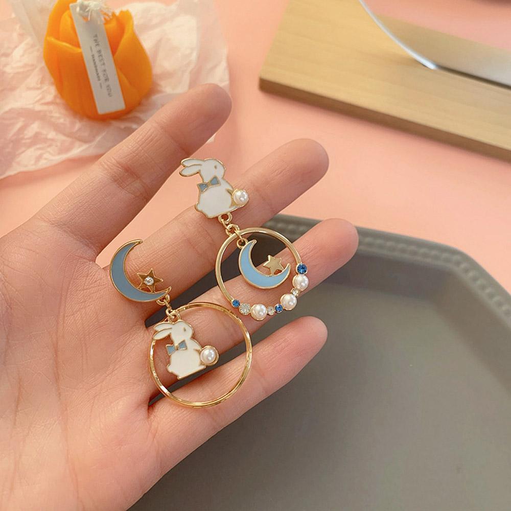 Sweet Personality Girl Moon Korean Asymmetric Earrings Rabbit Drop Earrings Anti Allergy Enamel