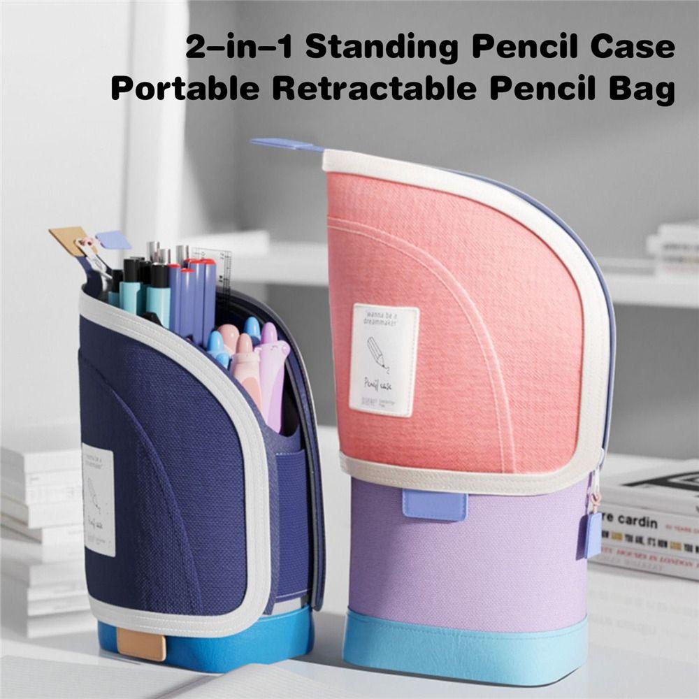 Vertical Retractable Pencil Bag 2-in-1 Stationery Storage Bag  Desk Supplies Holders